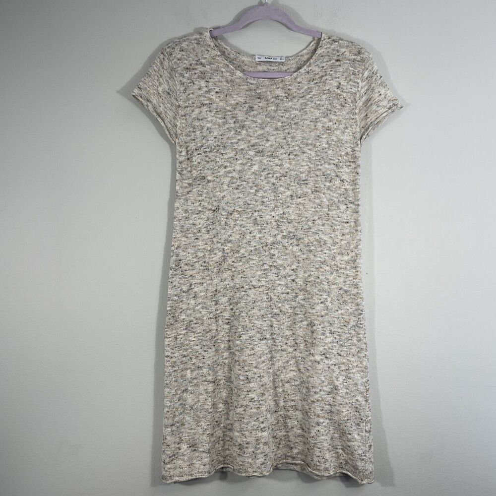 Zara Knit Dress Womens Size S Beige Knit Short Sleeve Cotton Acrylic Linen Blend